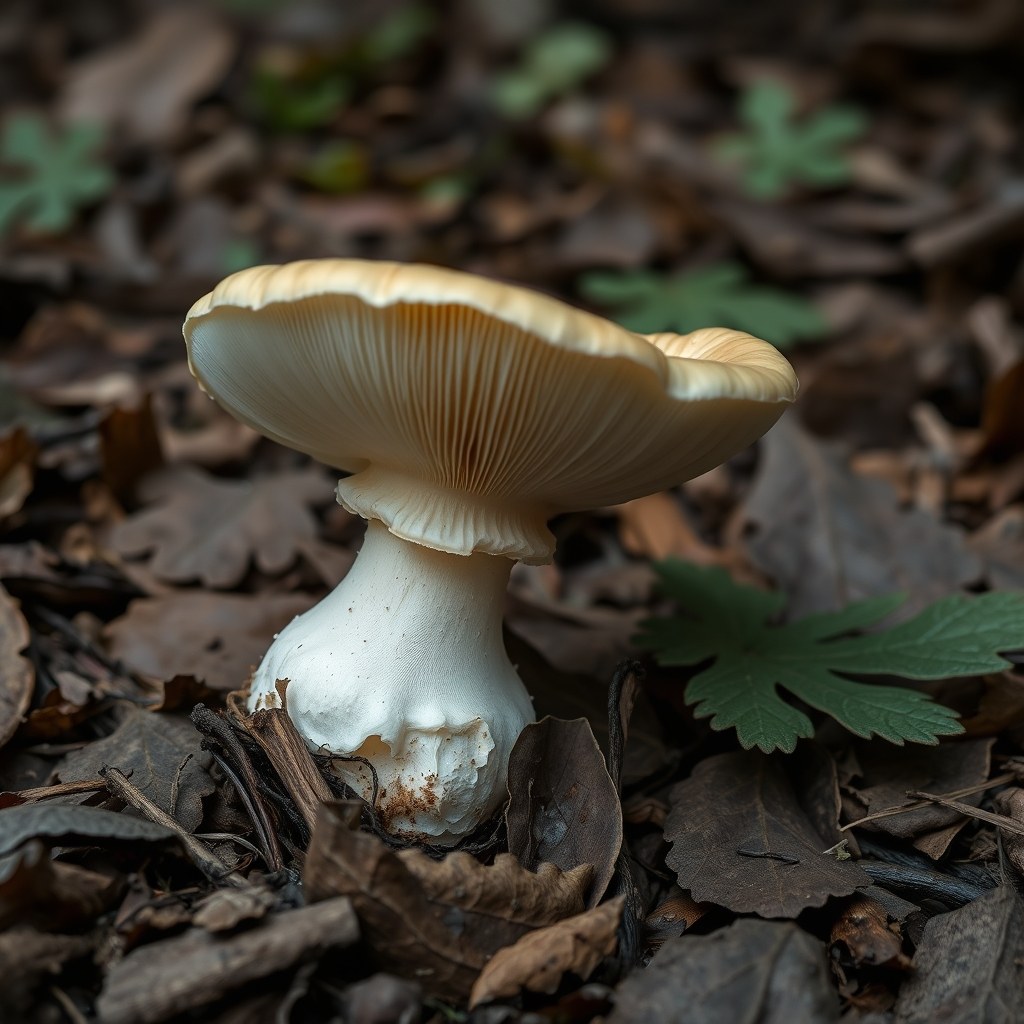 Amanite phalloïde entière en forêt, litière de feuilles de chêne, montrant la volve blanche en sac à la base, le pied et l