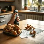 Mains tenant un téléphone, champignons rassemblés sur une table avec des notes manuscrites, contexte de préparation d