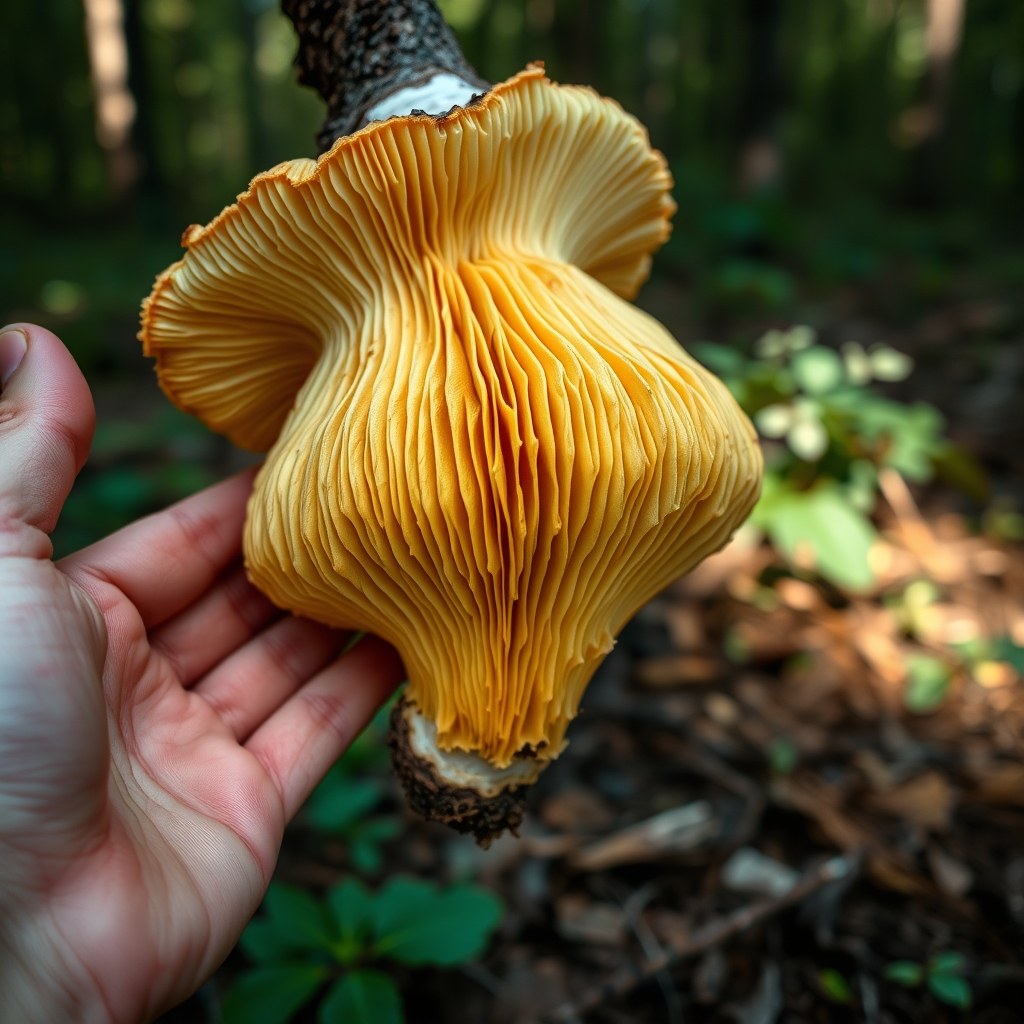 Chanterelle dorée retournée montrant les plis épais et fourchus caractéristiques