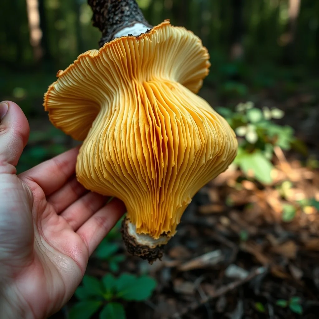 Chanterelle dorée retournée montrant les plis épais et fourchus caractéristiques