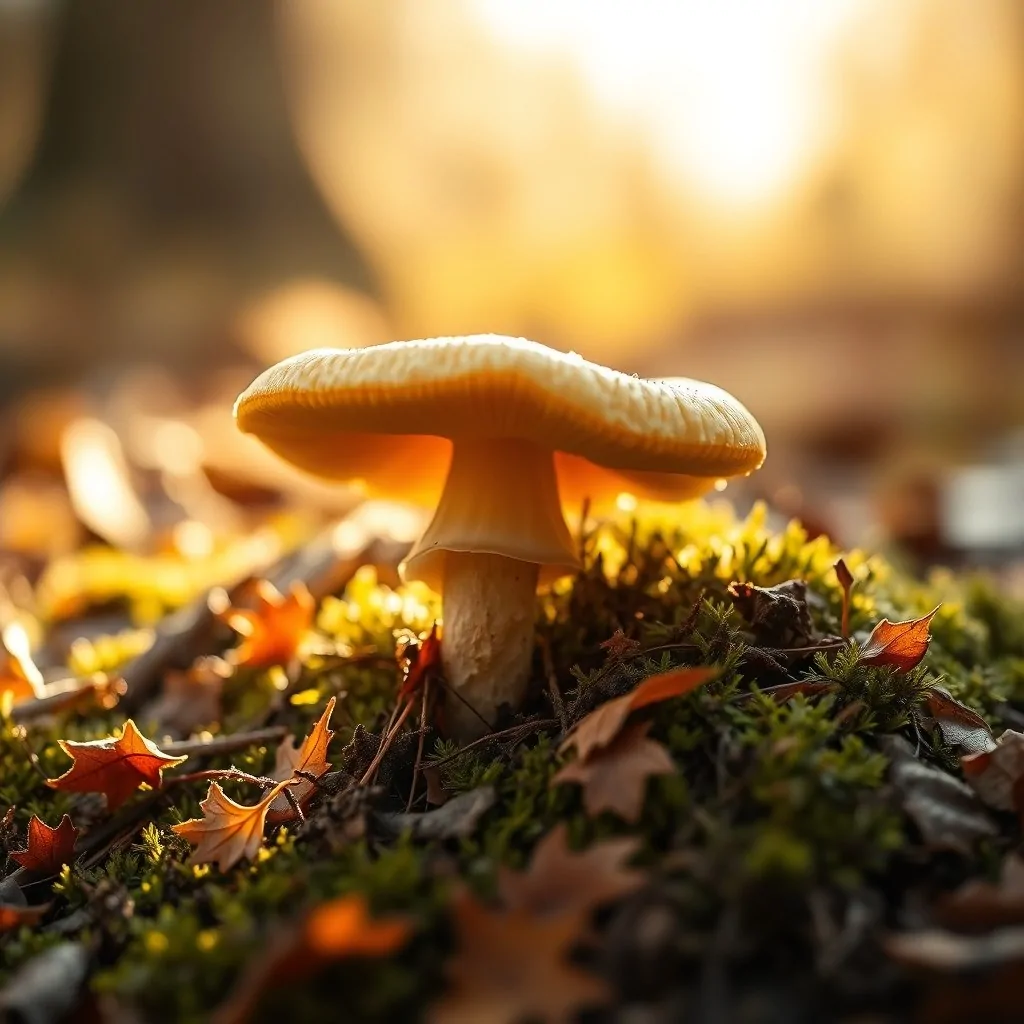 Girolle dorée en lumière douce d'automne, posée sur la litière forestière
