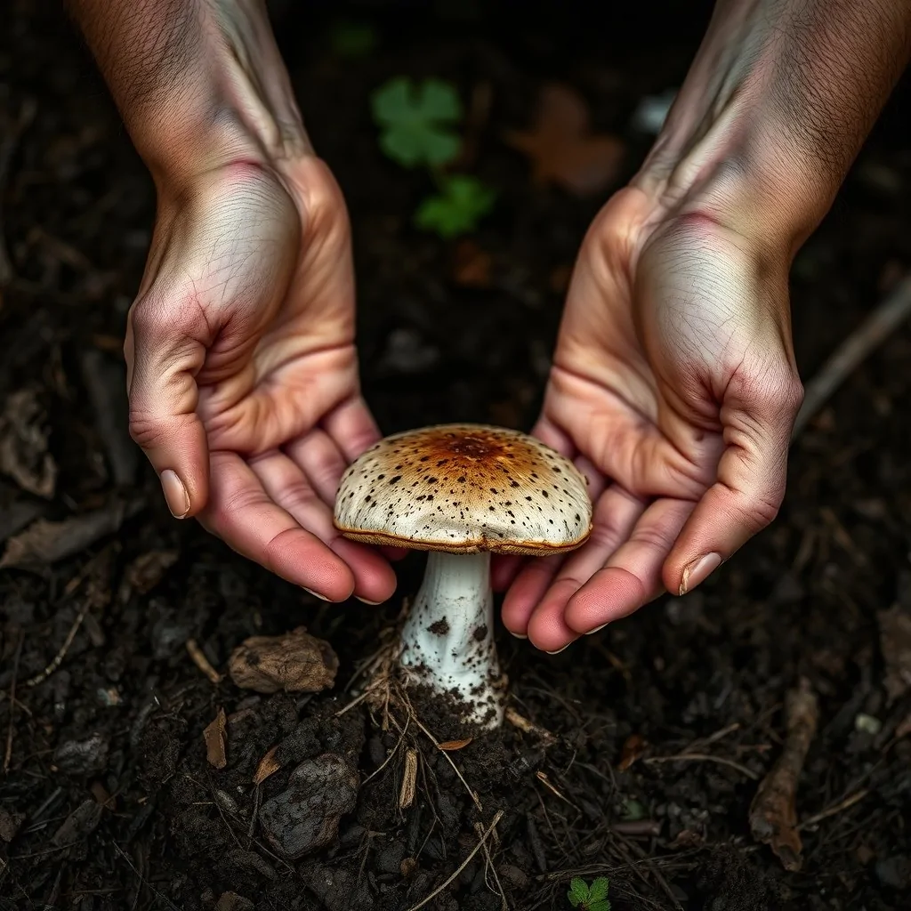 Mains qui creusent doucement autour d'un champignon pour l'extraire entier, geste de cueillette sécurisée