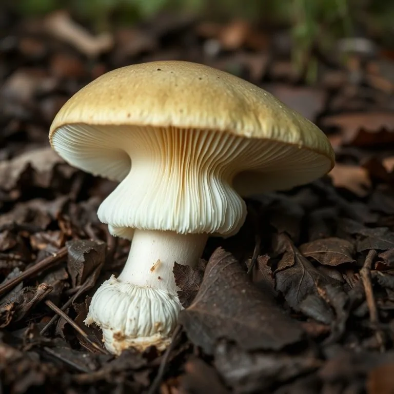 Amanite phalloïde entière montrant le chapeau pâle et la volve blanche