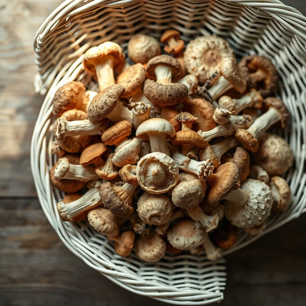 Vue aérienne d'un panier de champignons sauvages, diversité d'espèces, pieds complets visibles