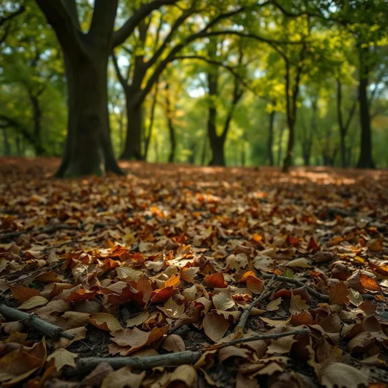 Forêt de chênes en automne, litière épaisse, lumière tamisée