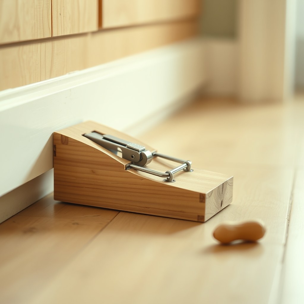 Wooden mouse snap trap baited with a peanut on a kitchen floor