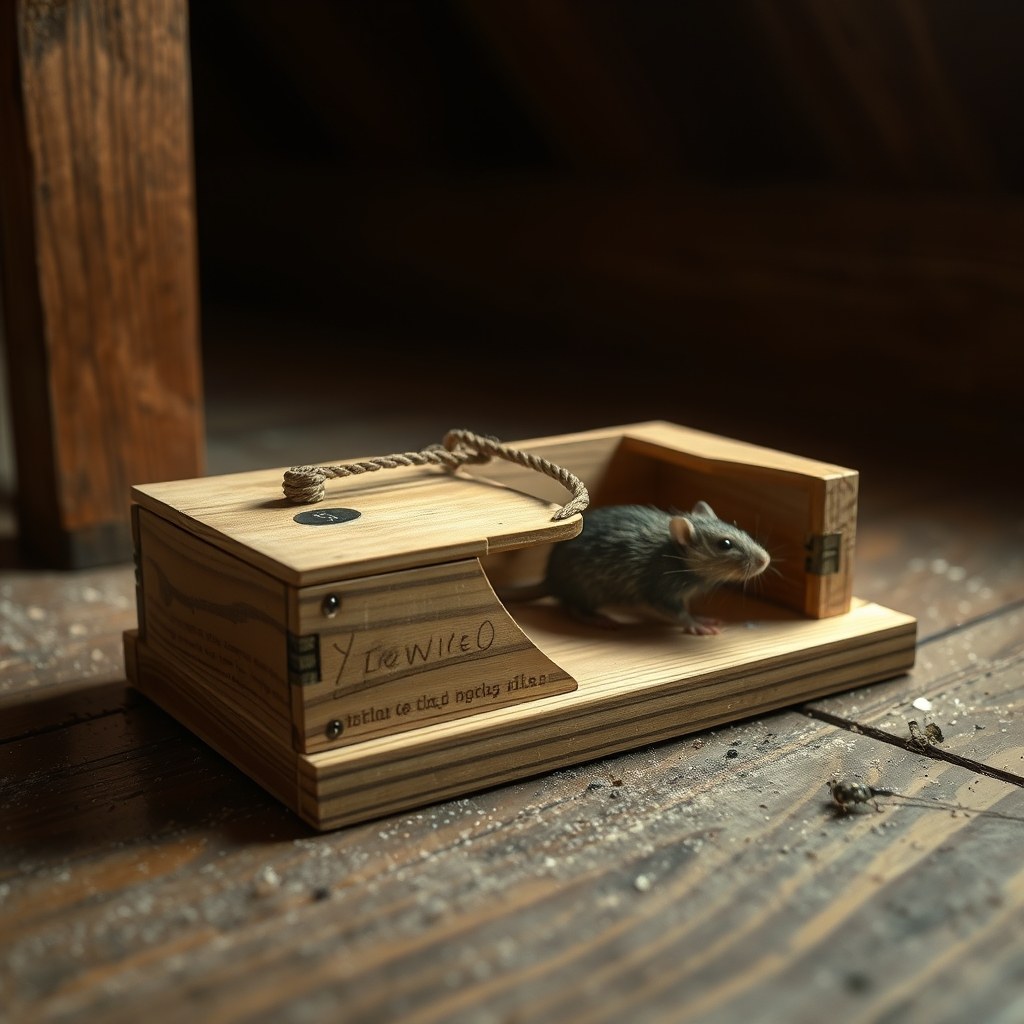 Close-up of a wooden rat trap on a dusty attic floorboard