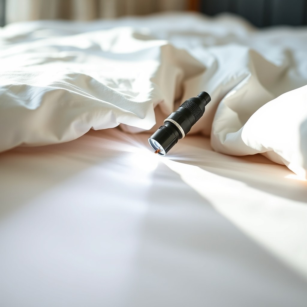 Flashlight beam checking a bare mattress for bed bugs