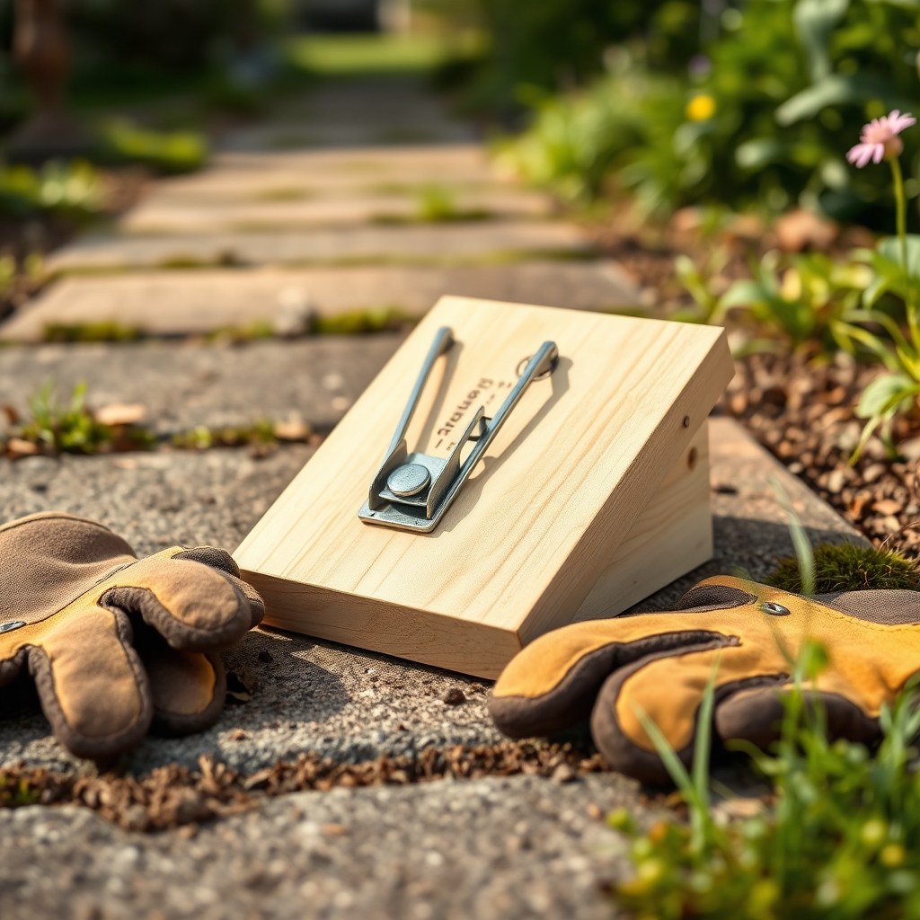 Wooden mouse snap trap on a garden path beside work gloves