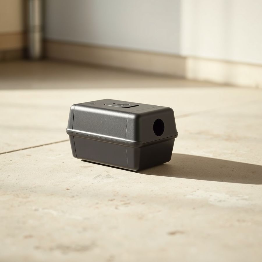 A box-shaped electronic rodent trap on a garage floor