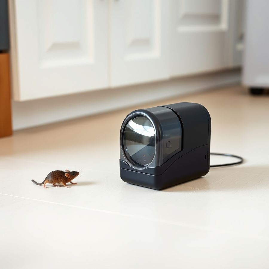 A small tunnel-shaped electronic mouse trap along a skirting board