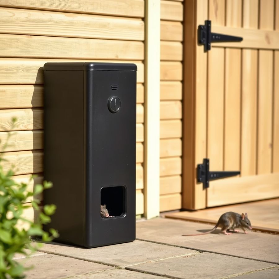 A rectangular electronic rat trap beside a garden shed