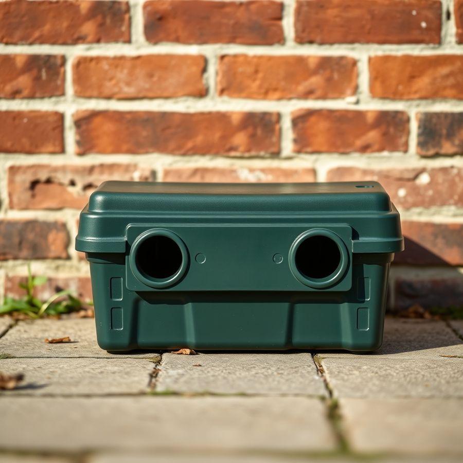 A green lockable rat bait station against a brick wall