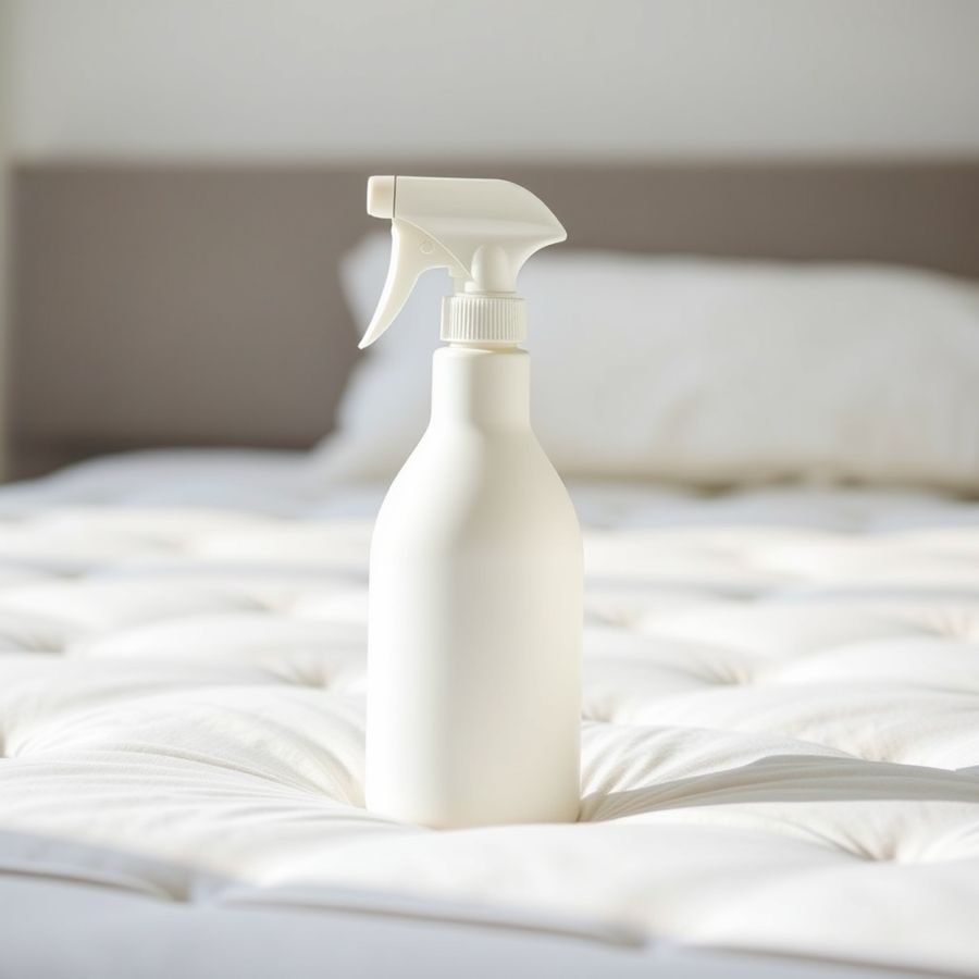 A plain trigger spray bottle on a bare mattress beside its seam