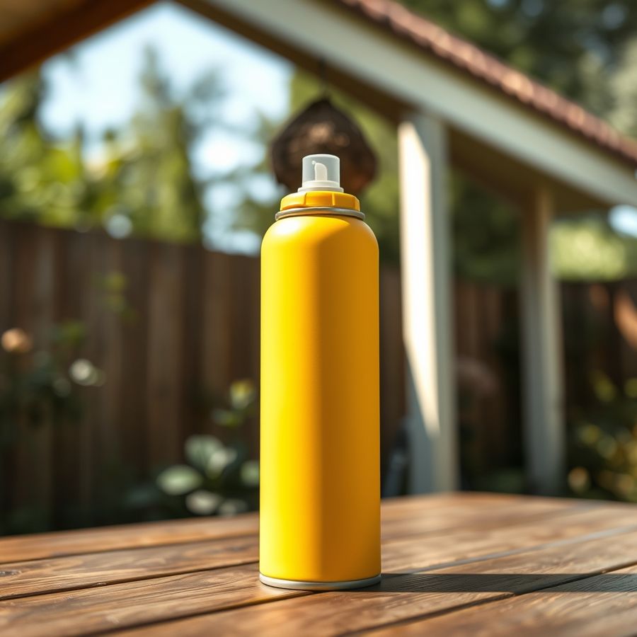 A plain aerosol spray can on a garden table, a wasp nest blurred behind it