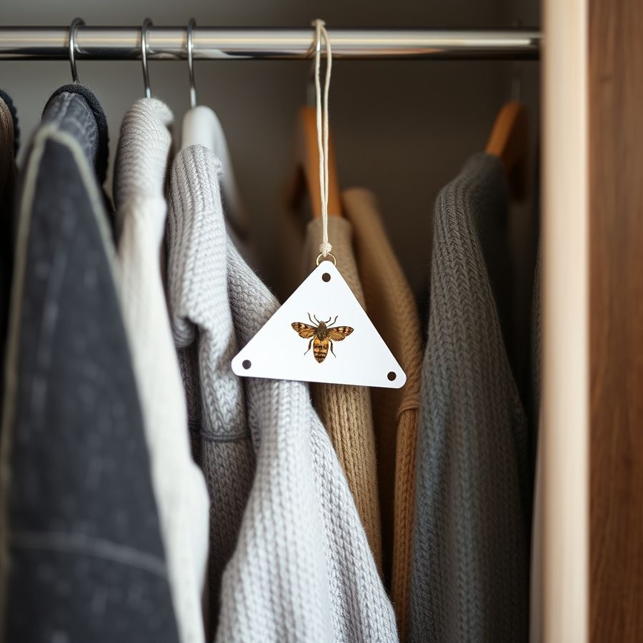 A triangular moth glue trap hanging inside a wardrobe