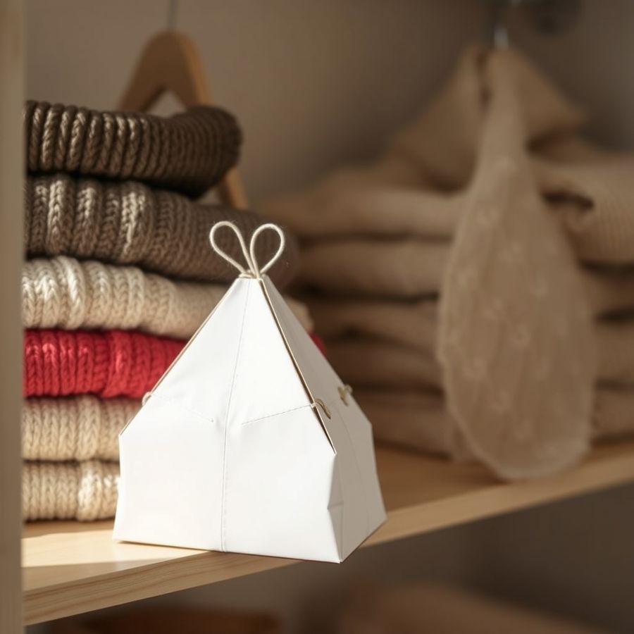 A folded cardboard moth trap on a wardrobe shelf