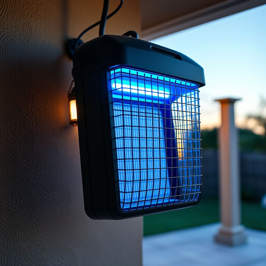 An electric insect killer lamp glowing blue on a patio wall at dusk
