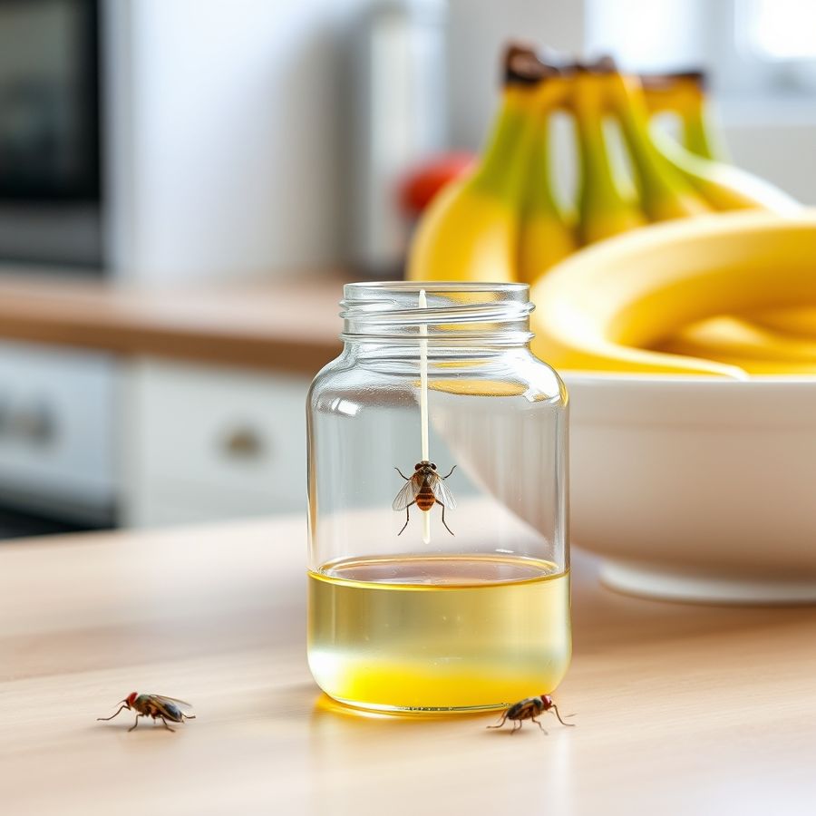 A small fruit fly trap jar beside a bowl of bananas