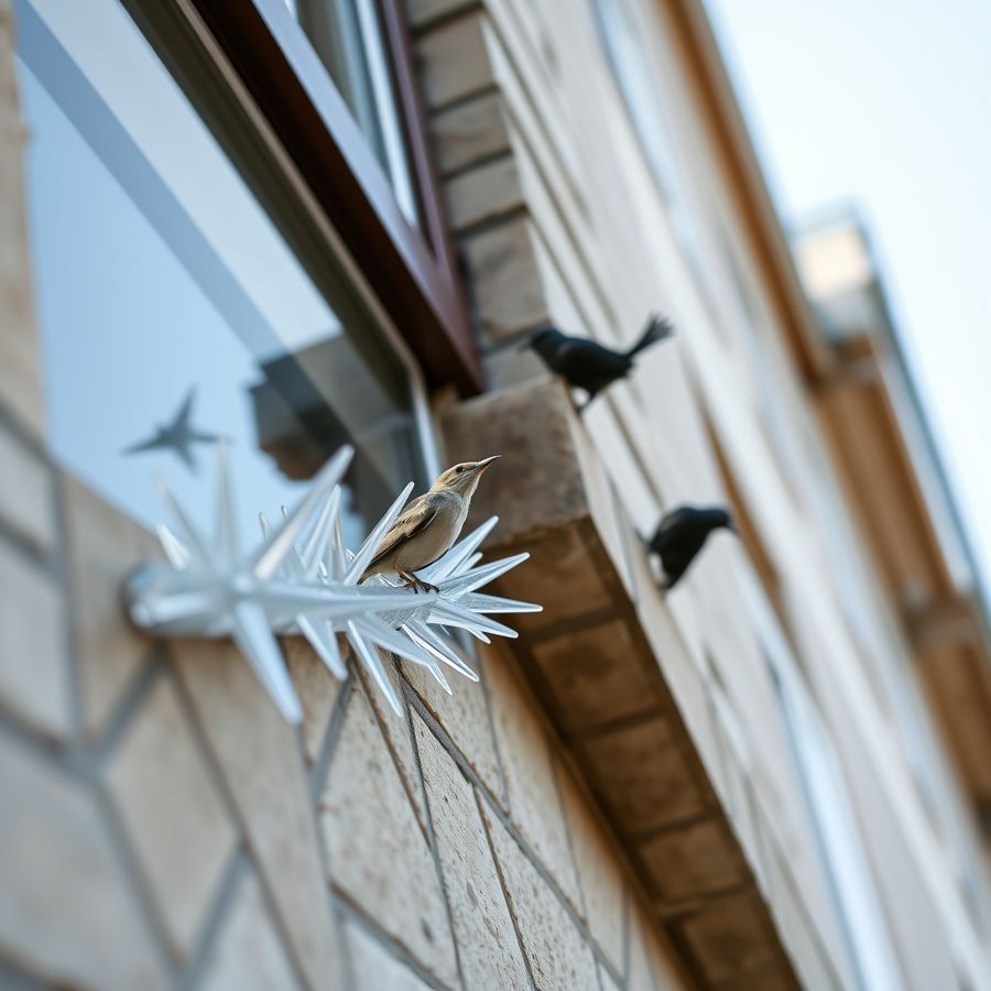 Clear plastic bird spikes installed along a stone window ledge